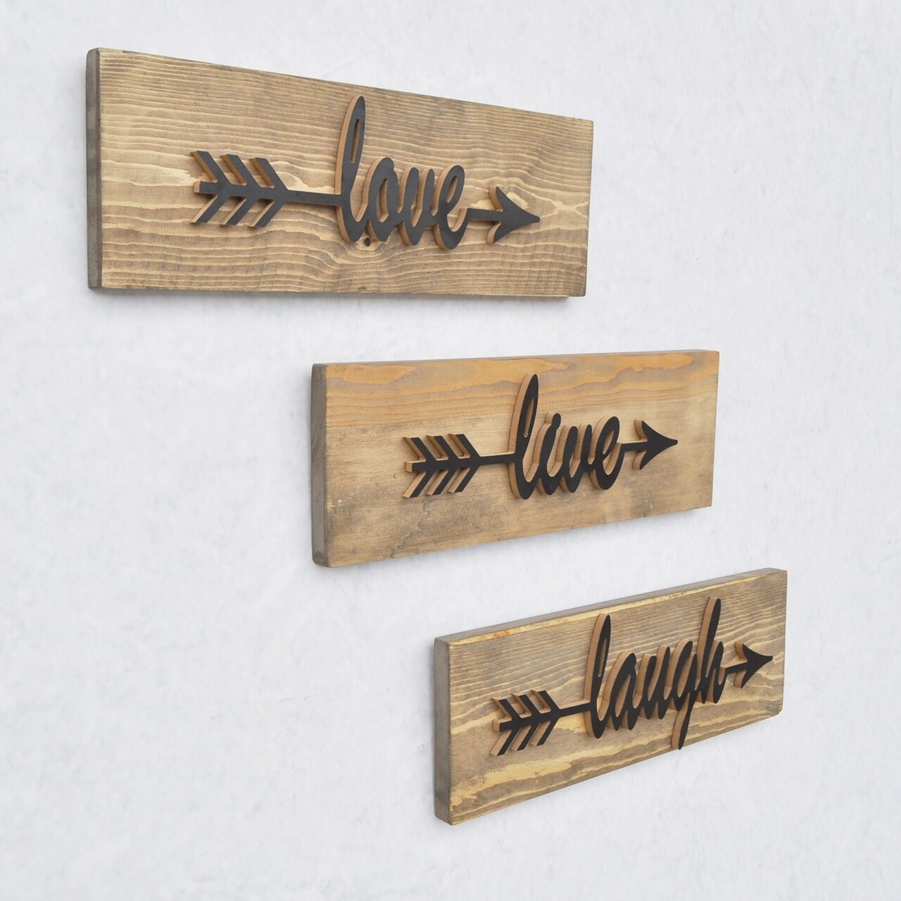 Set 3 decoratiuni de perete Love Live Laugh, Elvila Originals, 40x14 cm, handmade, lemn de molid - imagine 6